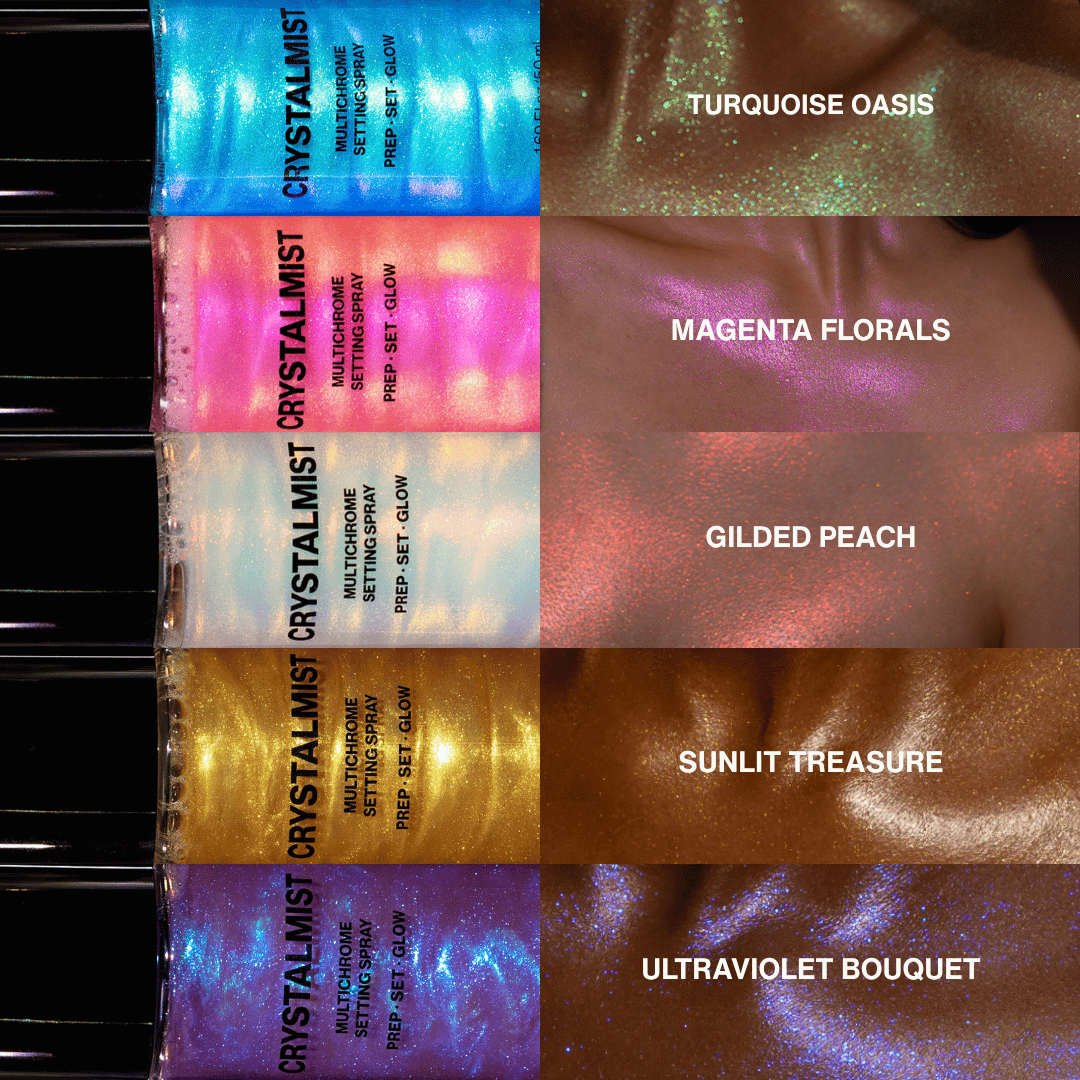 Close-ups of the five bottles beside shimmer swatches on skin, labelled Turquoise Oasis, Magenta Florals, Gilded Peach, Sunlit Treasure, Ultraviolet Bouquet.