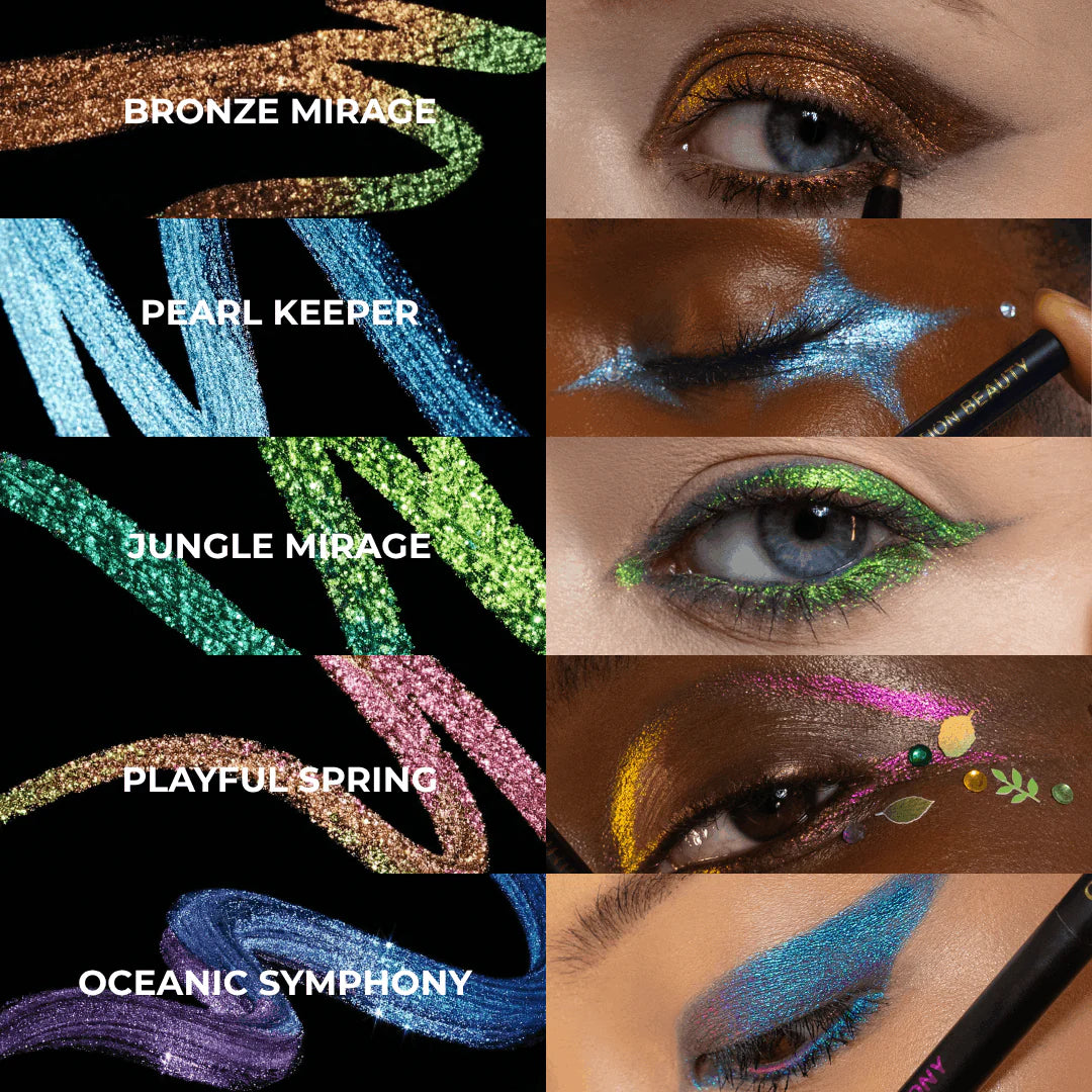 Question Beauty Multichrome Eyeliner Pencil swatches and eye looks for five shades: Bronze Mirage, Pearl Keeper, Jungle Mirage, Playful Spring, and Oceanic Symphony