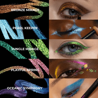 Question Beauty Multichrome Eyeliner Pencil swatches and eye looks for five shades: Bronze Mirage, Pearl Keeper, Jungle Mirage, Playful Spring, and Oceanic Symphony