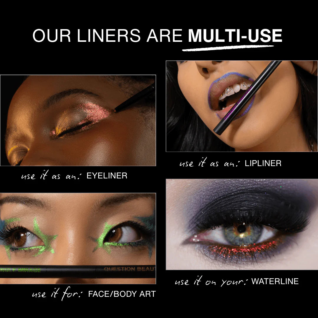 Question Beauty Multichrome Eyeliner Pencil shown four ways: as eyeliner, lipliner, face and body art, and on the waterline