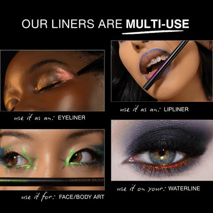 Question Beauty Multichrome Eyeliner Pencil shown four ways: as eyeliner, lipliner, face and body art, and on the waterline