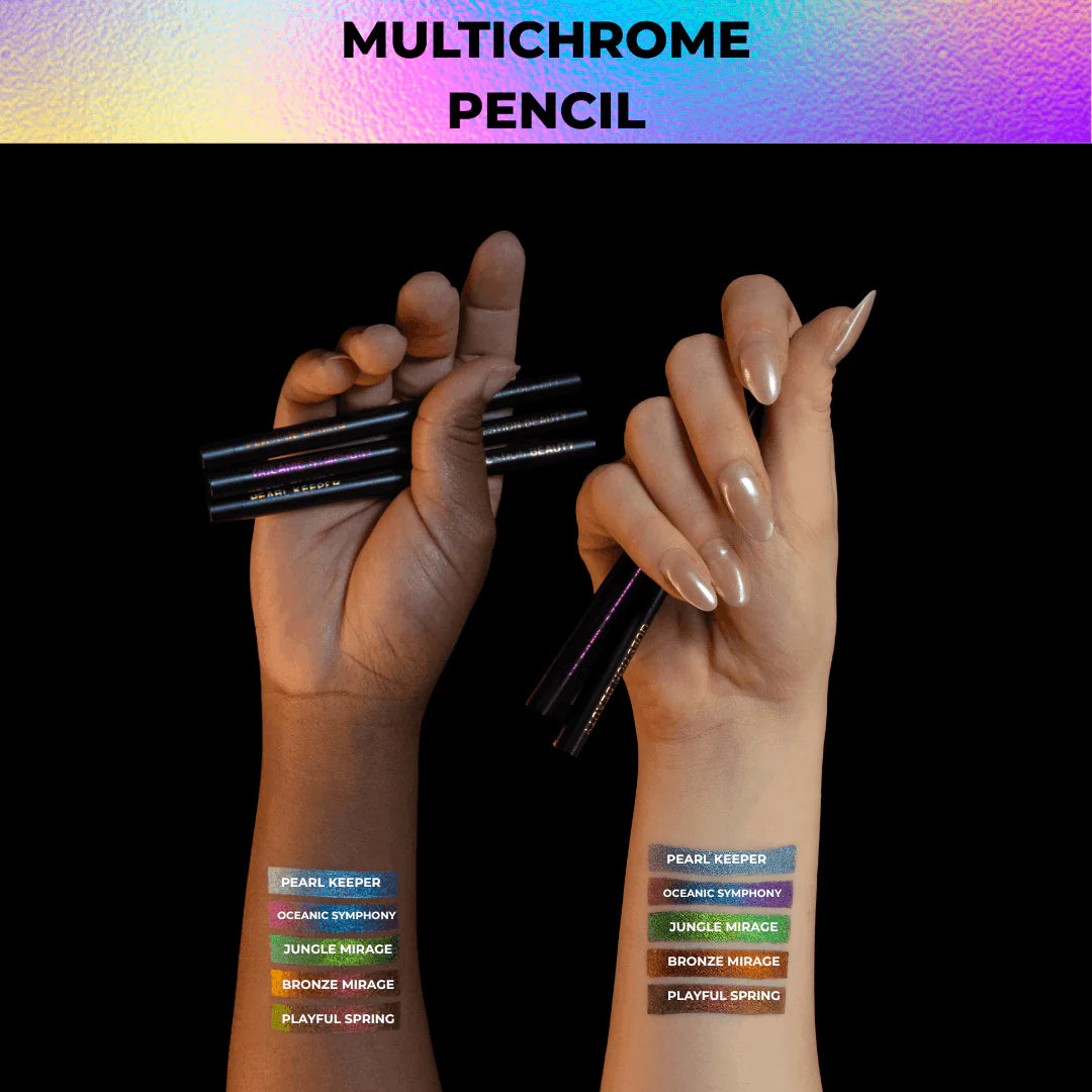 Question Beauty Multichrome Eyeliner Pencil swatched on two skin tones showing Pearl Keeper, Oceanic Symphony, Jungle Mirage, Bronze Mirage, and Playful Spring