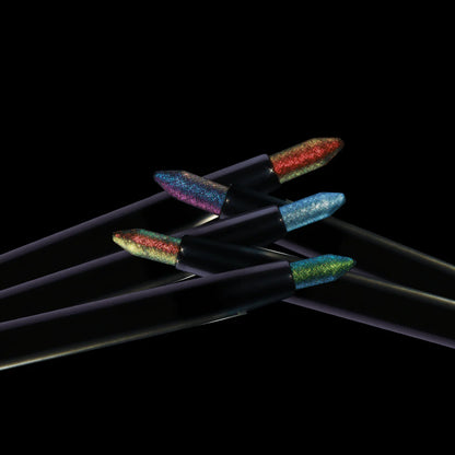 Five Question Beauty Multichrome Eyeliner Pencils fanned out against black background, showing multichrome tips in pink-blue, green-red, red-gold, blue, and teal-gold