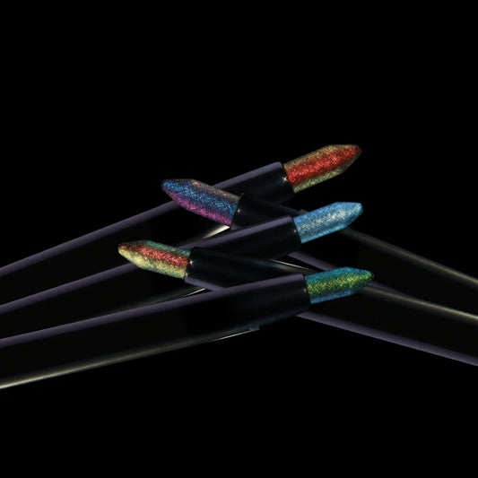 Five Question Beauty Multichrome Eyeliner Pencils fanned out against black background, showing multichrome tips in pink-blue, green-red, red-gold, blue, and teal-gold