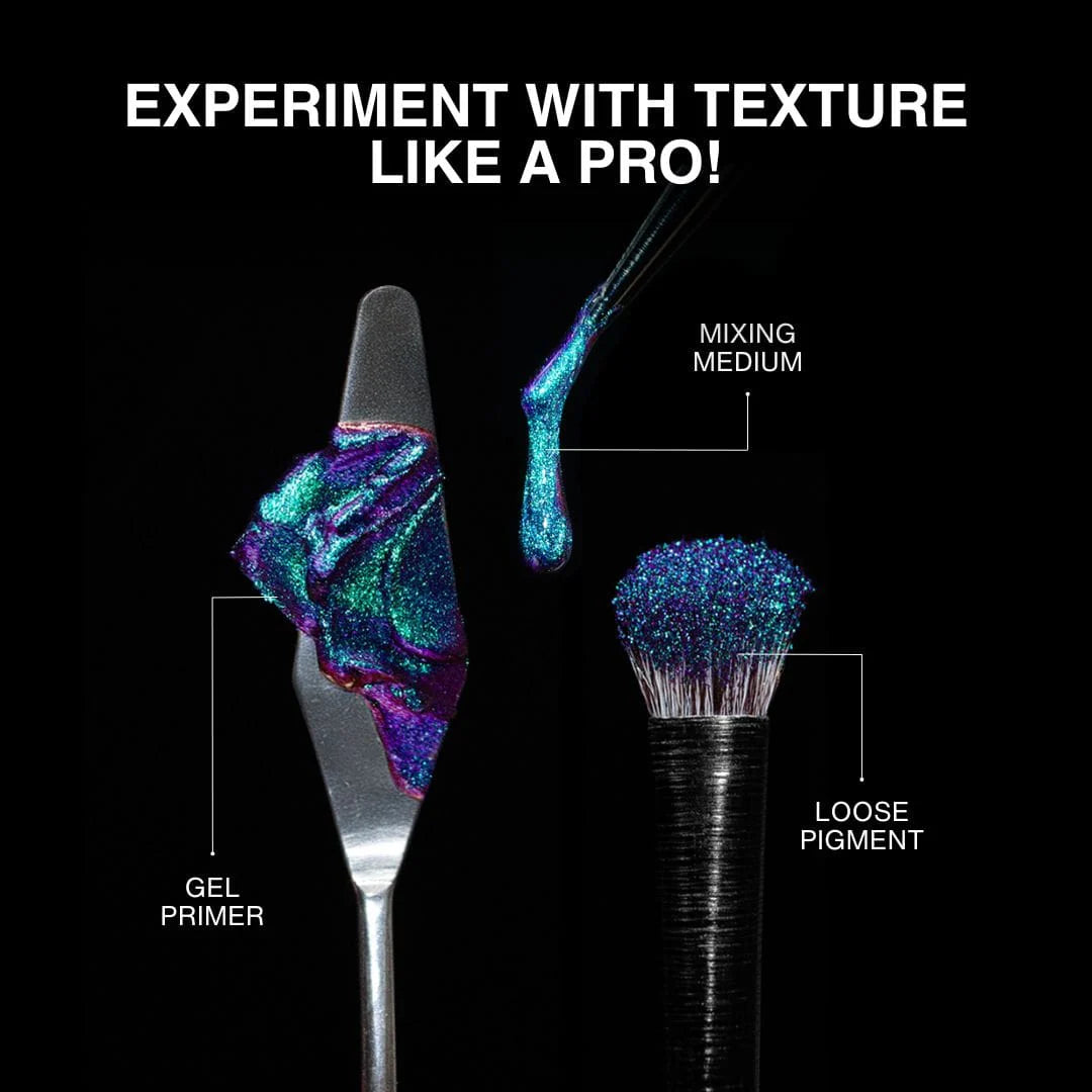 Question Beauty Multichrome Loose Pigment shown three ways: mixed with gel primer on a palette knife, applied with mixing medium on a brush tip, and dry on a fluffy brush