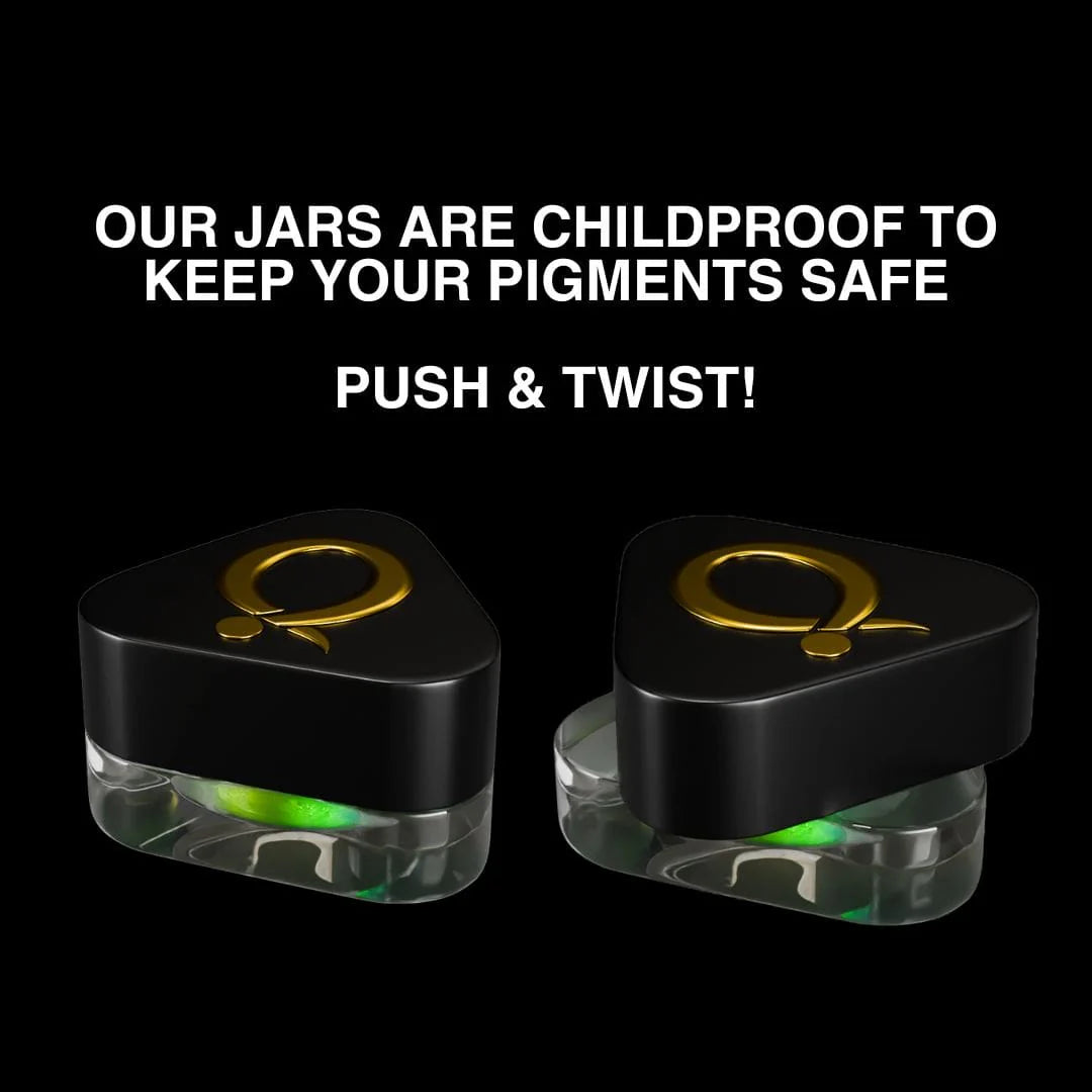 Question Beauty Multichrome Loose Pigment in triangular black jar with gold logo and clear base, showing push-and-twist childproof lid, two angles