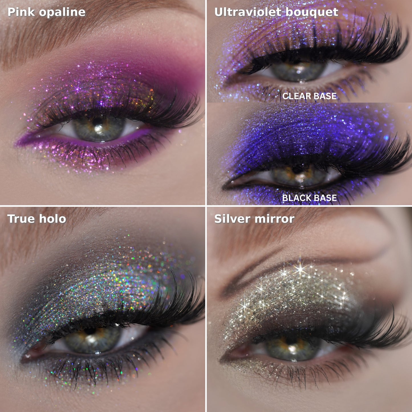 Four cool and silver multichrome pigments swatched on eyes: Pink Opaline, Ultraviolet Bouquet, True Holo, and Silver Mirror.