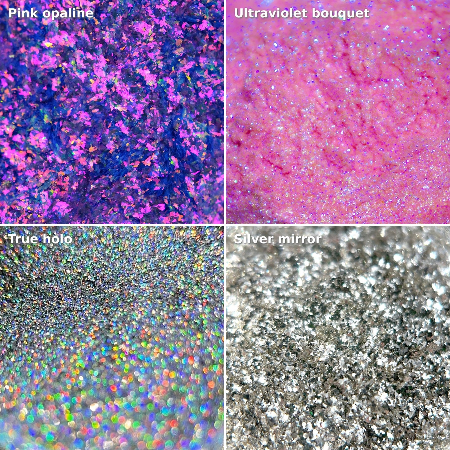 Four cool and silver multichrome pigments shown as loose powder close-ups: Pink Opaline, Ultraviolet Bouquet, True Holo, and Silver Mirror.