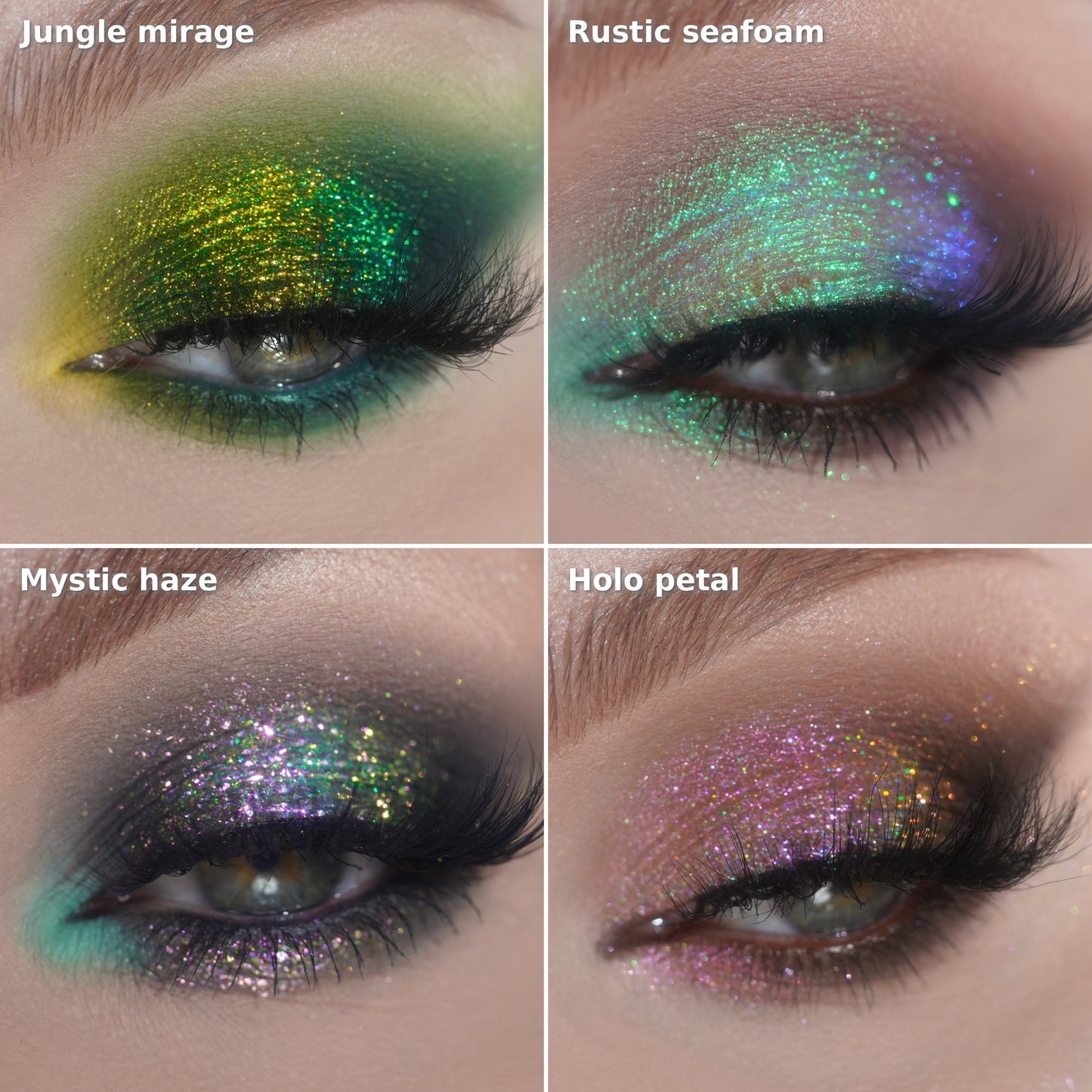Four green and teal multichrome pigments swatched on eyes: Jungle Mirage, Rustic Seafoam, Mystic Haze, and Holo Petal.