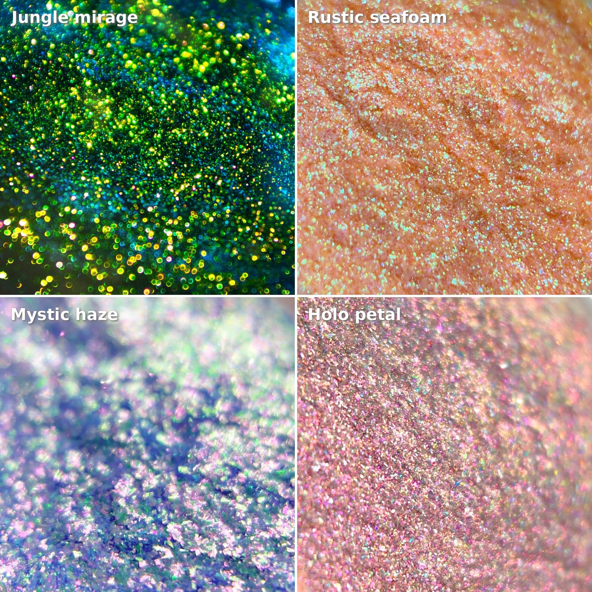 Four green and teal multichrome pigments shown as loose powder close-ups: Jungle Mirage, Rustic Seafoam, Mystic Haze, and Holo Petal.