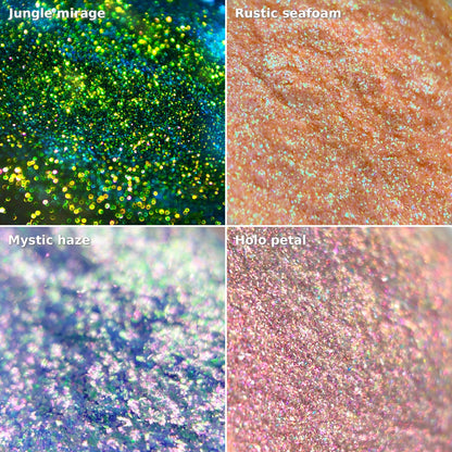 Four green and teal multichrome pigments shown as loose powder close-ups: Jungle Mirage, Rustic Seafoam, Mystic Haze, and Holo Petal.