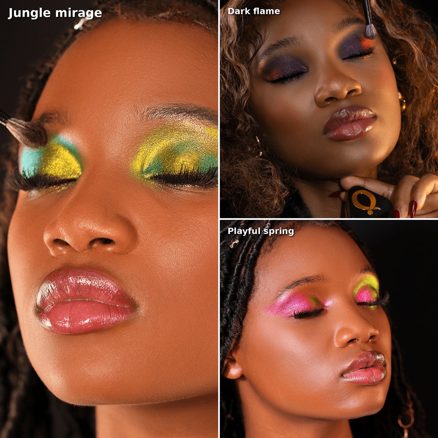 Three multichrome pigments shown as eye looks on darker skin tones: Jungle Mirage applied with brush, Dark Flame, and Playful Spring.