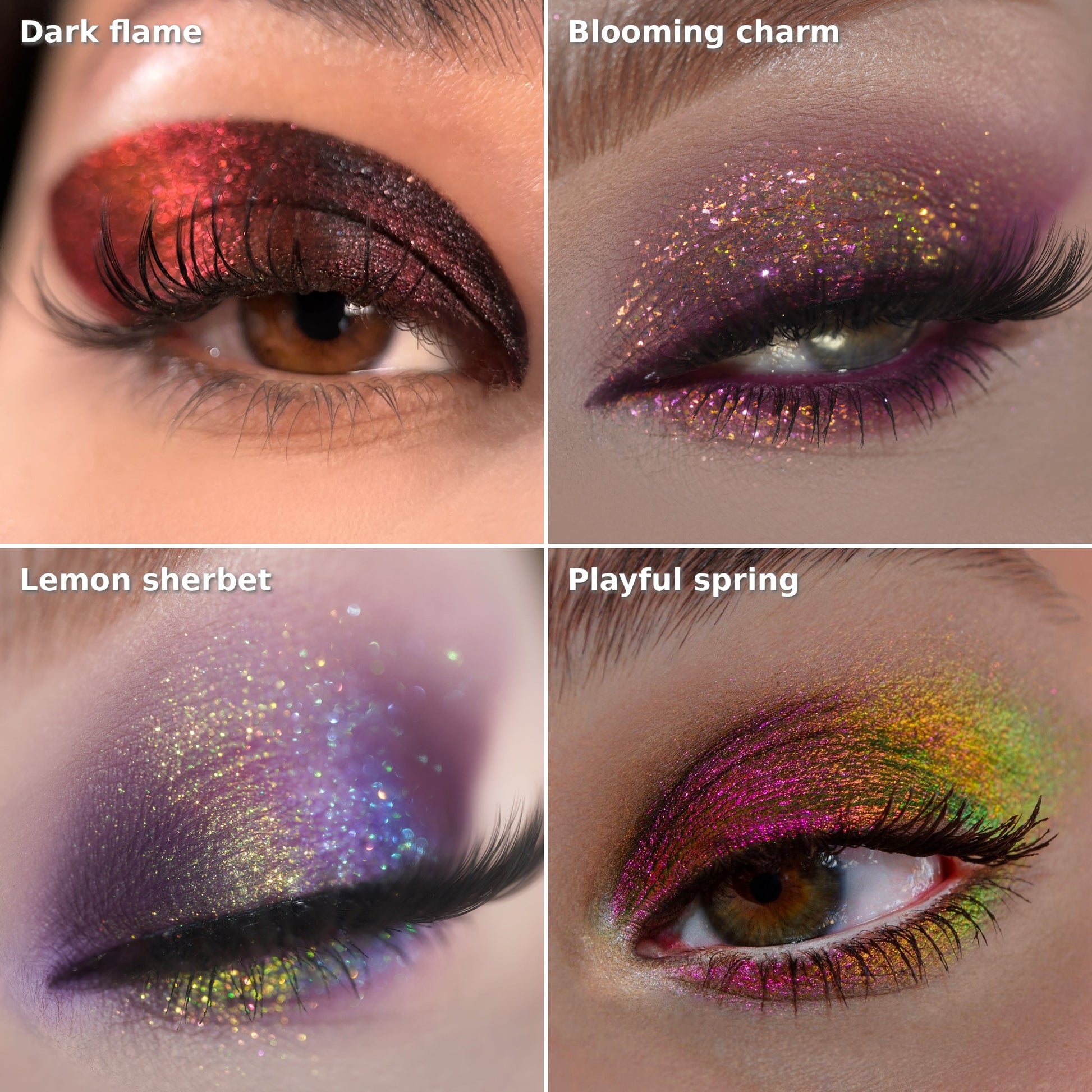Four warm multichrome pigments swatched on eyes: Dark Flame, Blooming Charm, Lemon Sherbet, and Playful Spring.