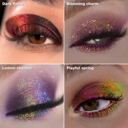Four warm multichrome pigments swatched on eyes: Dark Flame, Blooming Charm, Lemon Sherbet, and Playful Spring.