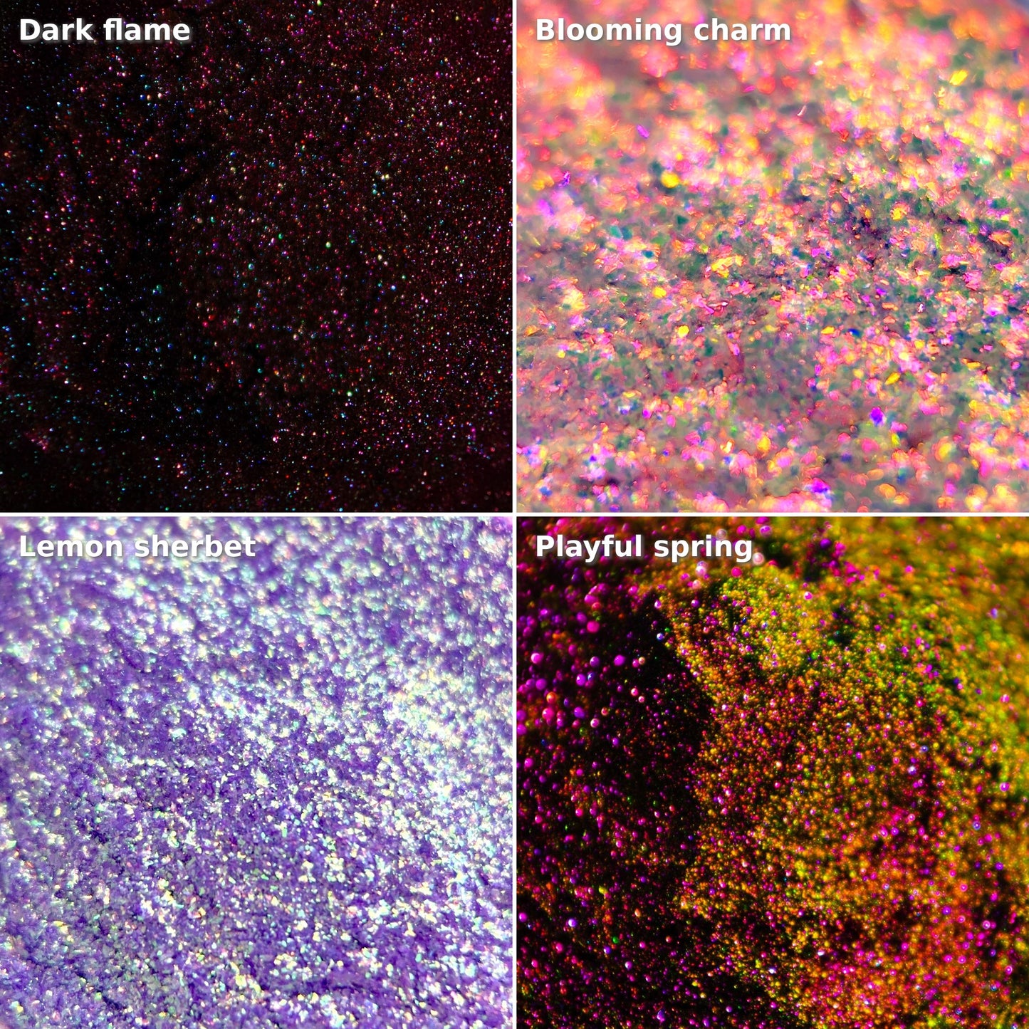 Four warm multichrome pigments shown as loose powder close-ups: Dark Flame, Blooming Charm, Lemon Sherbet, and Playful Spring.