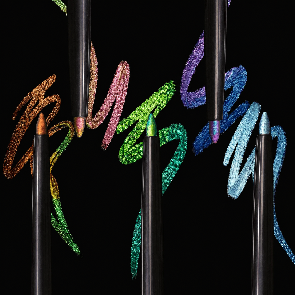 Five Question Beauty multichrome eyeliner pencils with swatched strokes on black - orange, pink-green, lime green, violet-blue, and icy blue