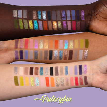 Psilocybin palette swatches, all 30 shades on three skin tones from deep to light, including mushroom neutrals, coral and yellow brights, and sparkly shimmers