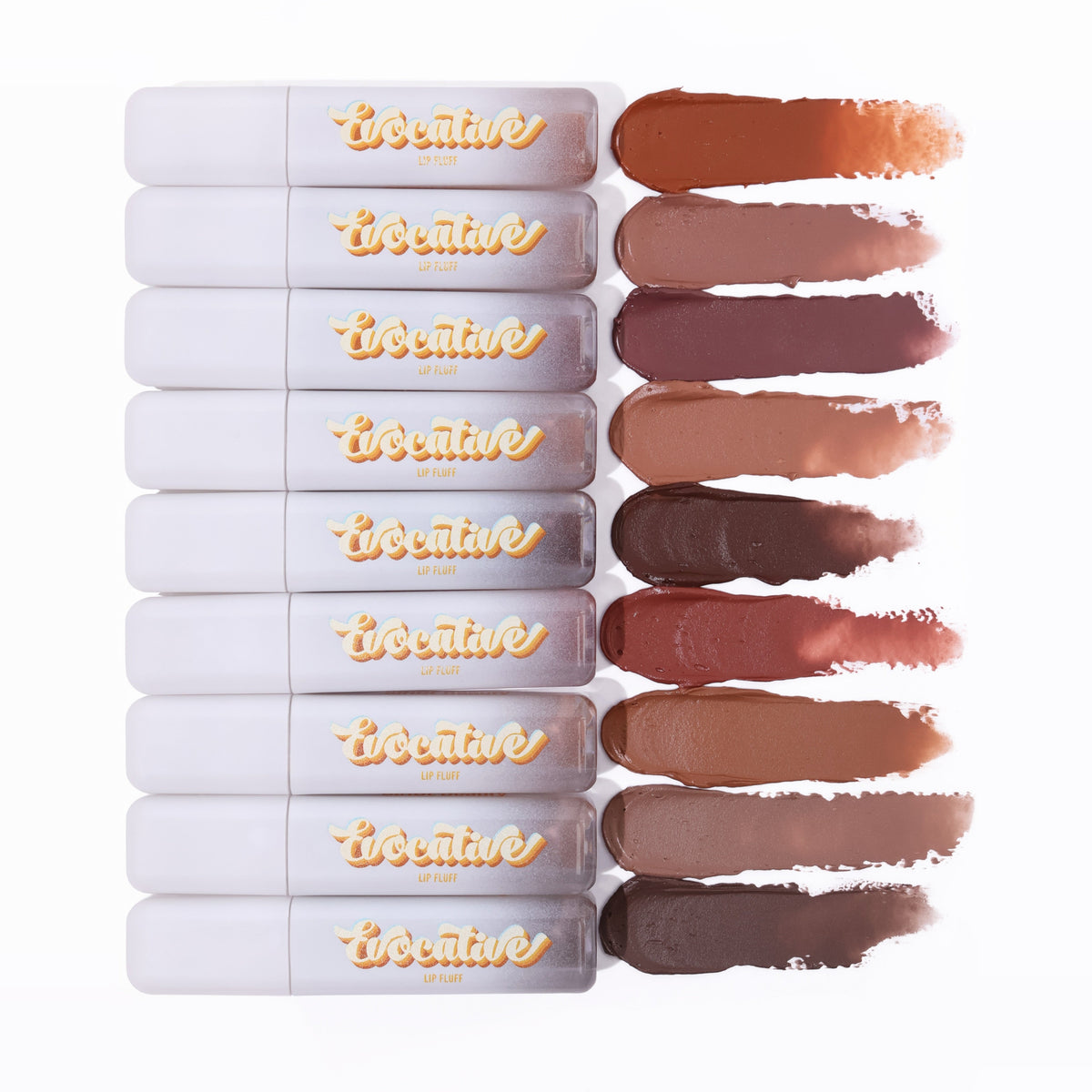 Nine Evocative lip fluff tubes in white fading to clear, each beside a swatch of its shade: orange-brown, nudes, a mauve, a rose and deep browns