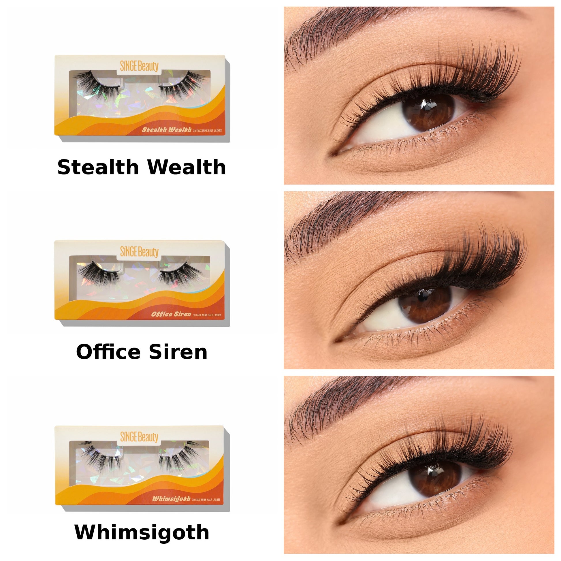 
Singe Beauty half lashes in a 2x3 grid, each style shown in packaging beside a worn on-eye shot: Stealth Wealth, Office Siren, Whimsigoth.