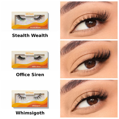 
Singe Beauty half lashes in a 2x3 grid, each style shown in packaging beside a worn on-eye shot: Stealth Wealth, Office Siren, Whimsigoth.