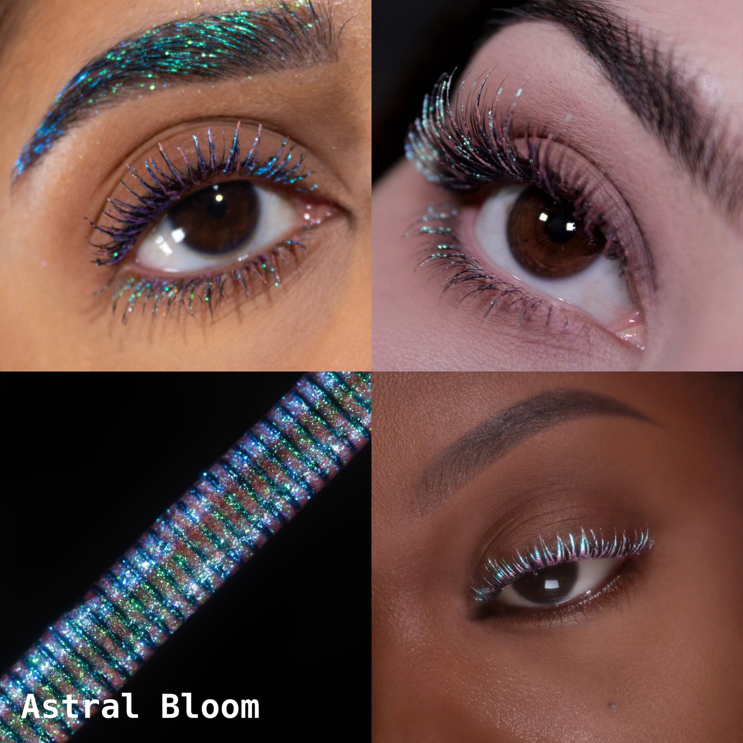 Astral Bloom collage: lashes and brow, eye close-ups on light and deep skin tones, applicator macro
