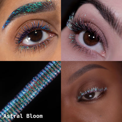 Astral Bloom collage: lashes and brow, eye close-ups on light and deep skin tones, applicator macro