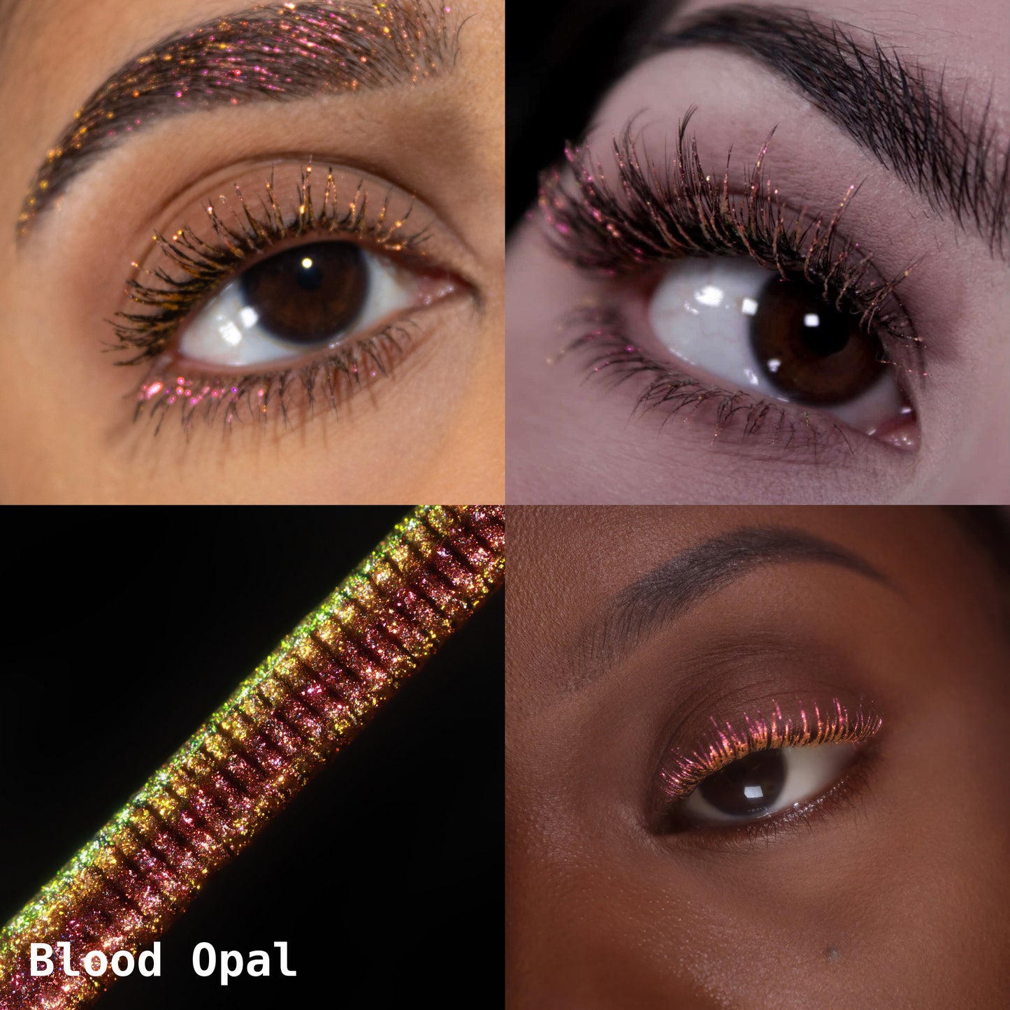 Blood Opal collage: lashes and brow, eye close-ups on light and deep skin tones, applicator macro