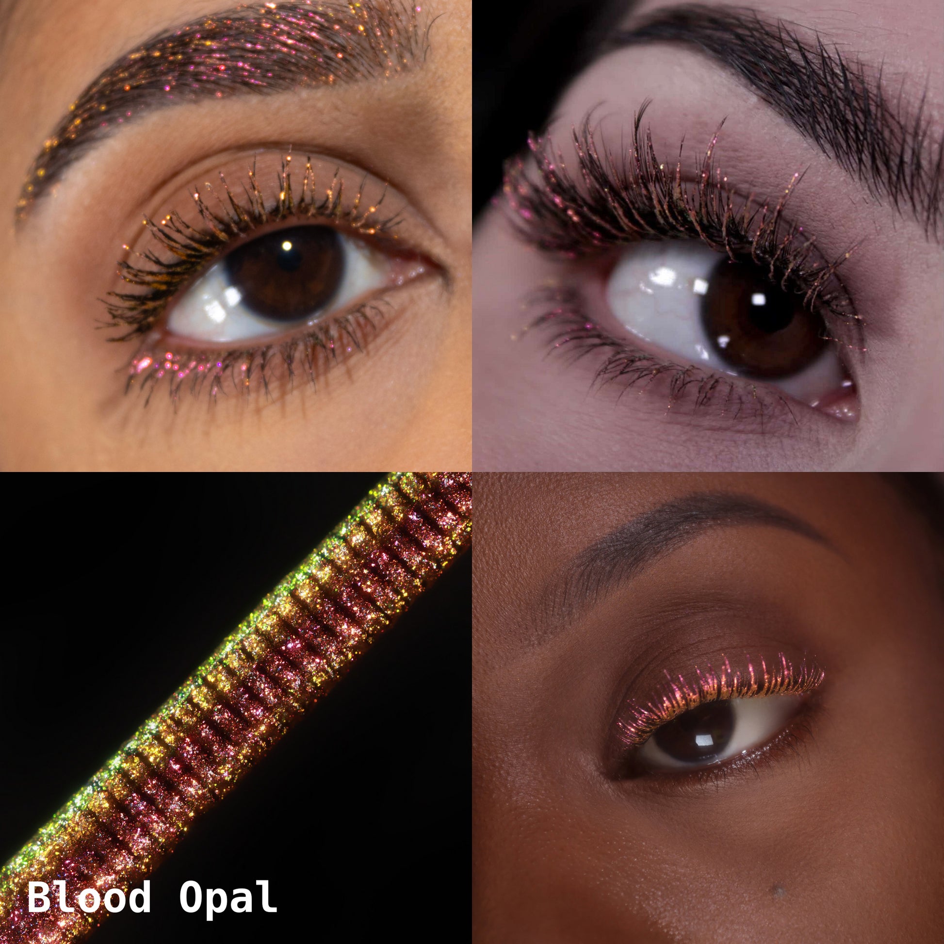 Blood Opal collage: lashes and brow, eye close-ups on light and deep skin tones, applicator macro