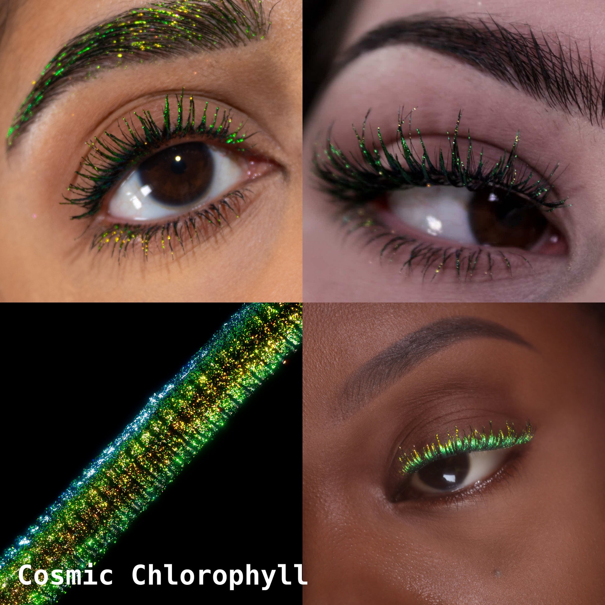 Cosmic Chlorophyll collage: lashes and brow, eye close-ups on light and deep skin tones, applicator macro