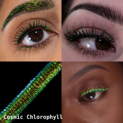 Cosmic Chlorophyll collage: lashes and brow, eye close-ups on light and deep skin tones, applicator macro