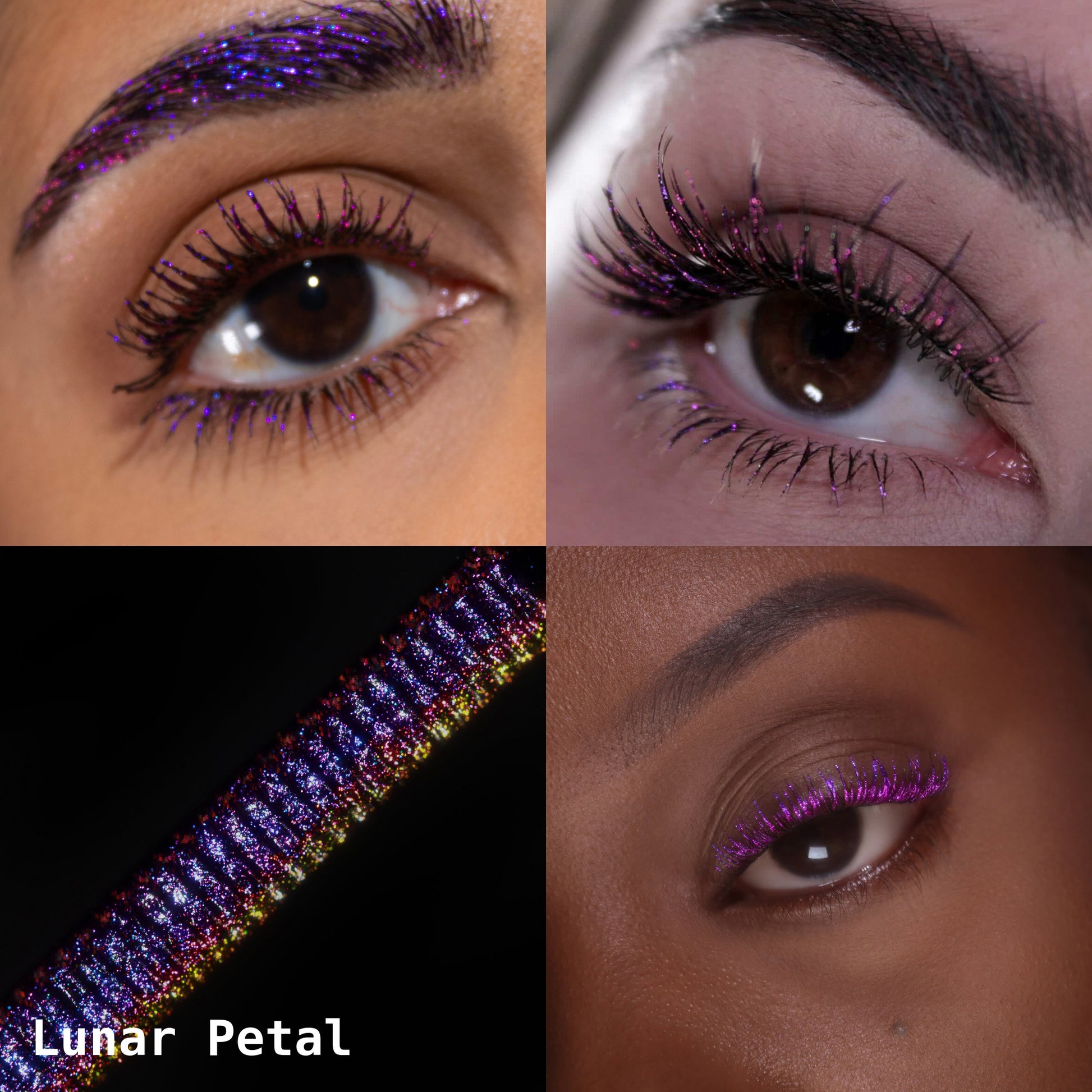 Lunar Petal collage: lashes and brow, eye close-ups on light and deep skin tones, applicator macro