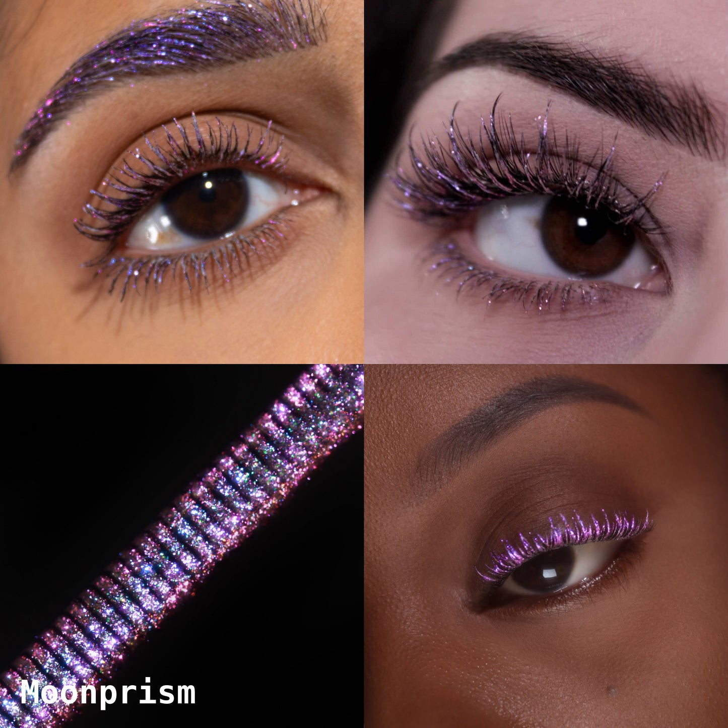 Moonprism collage: lashes and brow, eye close-ups on light and deep skin tones, applicator macro