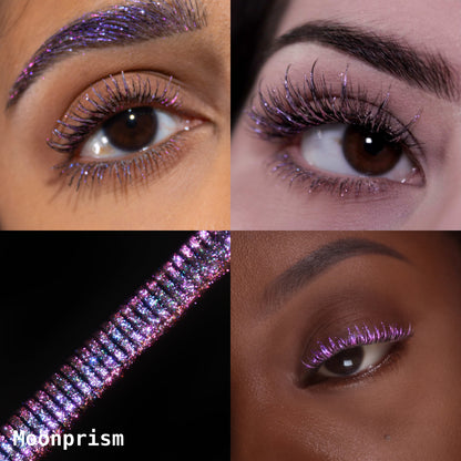Moonprism collage: lashes and brow, eye close-ups on light and deep skin tones, applicator macro