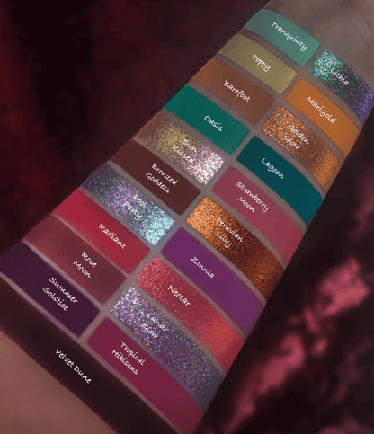 All 21 shades swatched on light skin in three columns, named from Tranquility through Velvet Dune