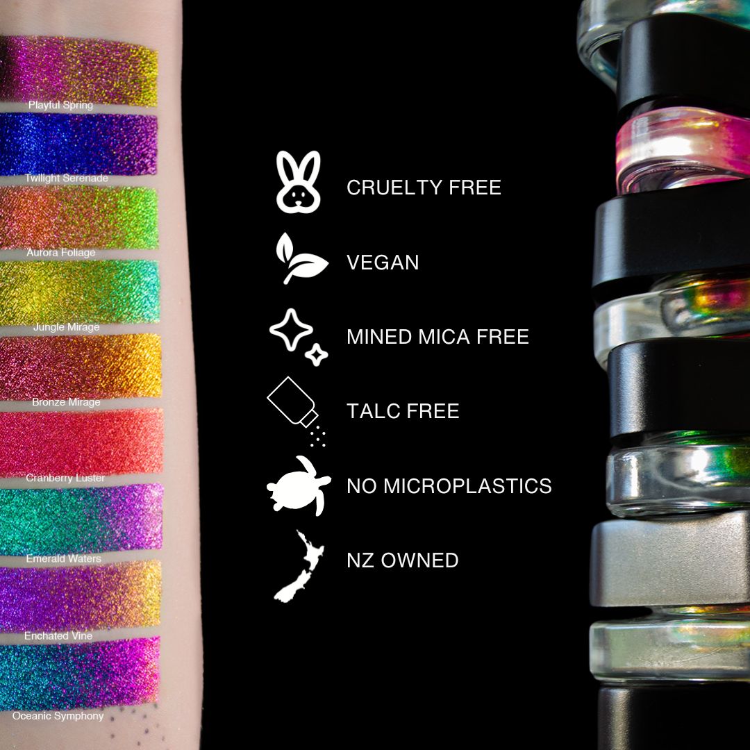 Question Beauty Multichrome Loose Pigment swatches on arm for nine shades alongside stacked jars, with cruelty free, vegan, mined mica free, talc free, no microplastics, and NZ owned icons