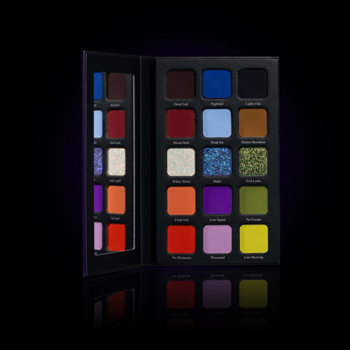 Palette open with the lid mirror showing, 15 labelled pans in five rows from Dead End, Nightfall and Lights Out to No Witnesses, Possessed and Last Showing