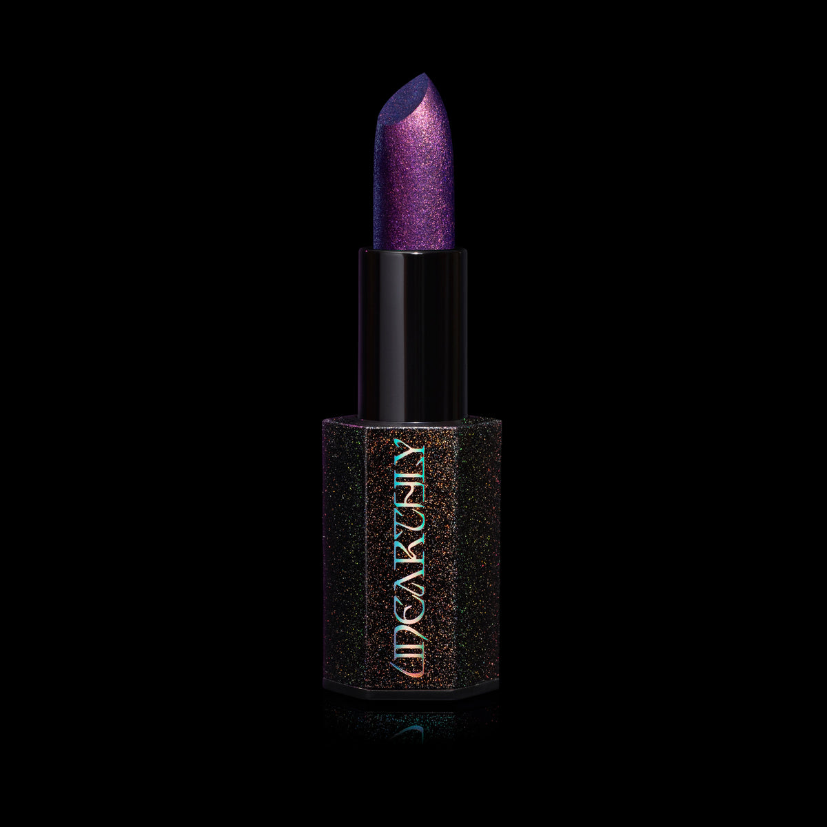 Final Cut open in the black sparkle hexagonal tube: violet bullet flecked with pink and blue shimmer