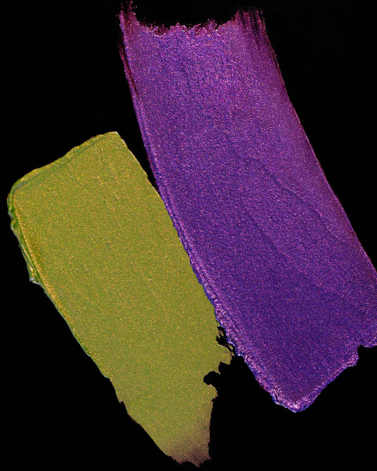 Creature Feature and Final Cut smeared side by side on black: olive green with gold shimmer, and violet with pink sparkle