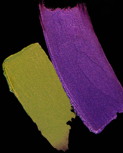Creature Feature and Final Cut smeared side by side on black: olive green with gold shimmer, and violet with pink sparkle