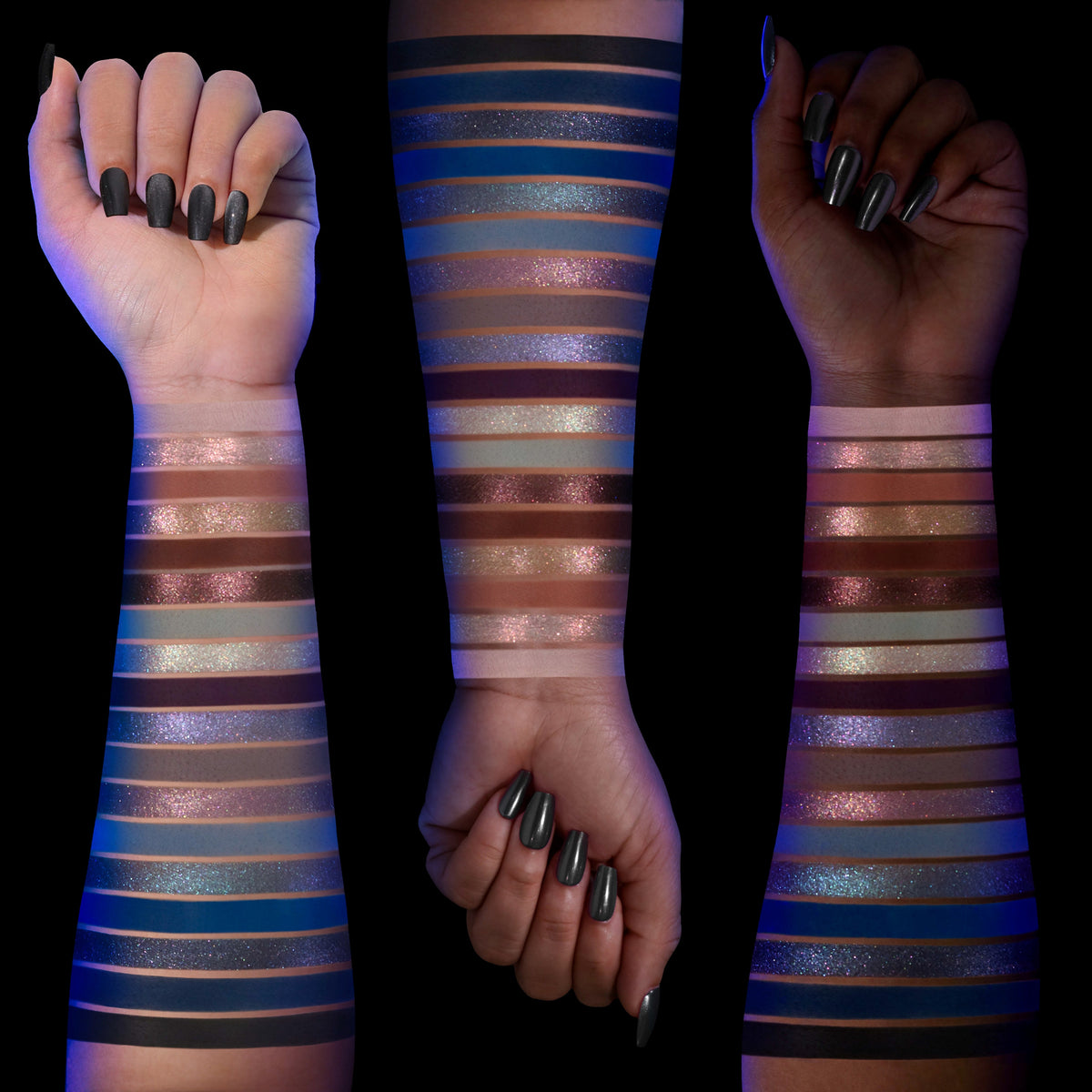 Arm swatches of all 18 Gargoyle shades on three skin tones