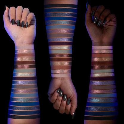 Arm swatches of all 18 Gargoyle shades on three skin tones