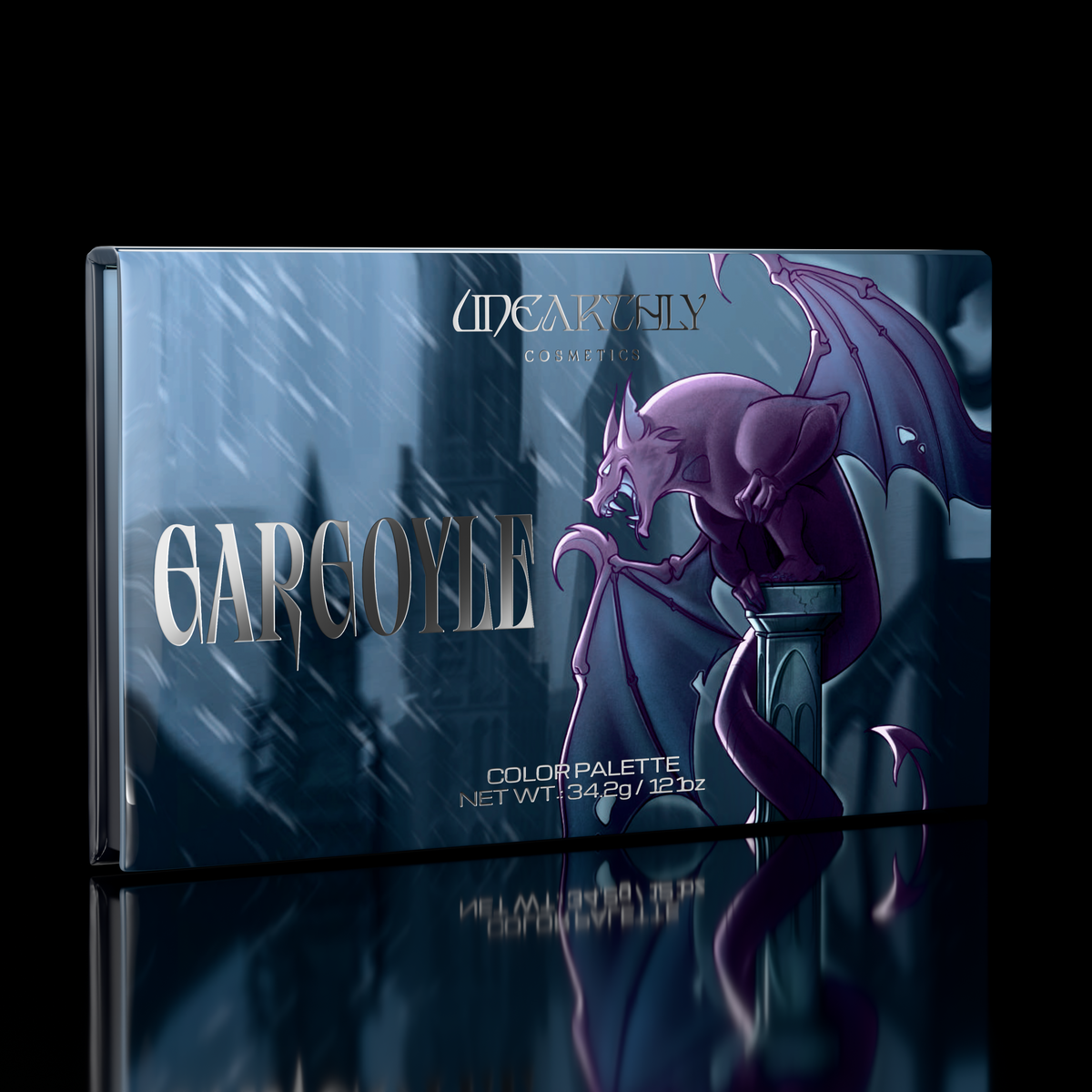 The Gargoyle palette box from Unearthly Cosmetics, gargoyle cover artwork, on black