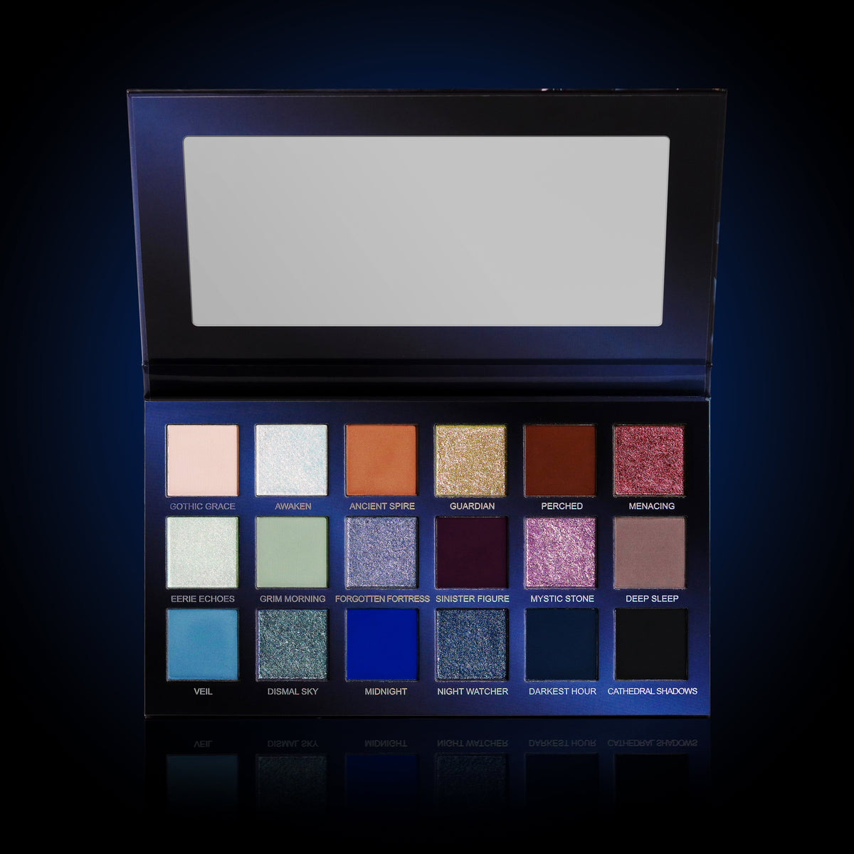 The Gargoyle palette open, mirror and 18 named pans, front view
