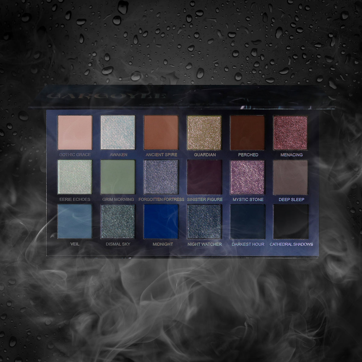 The Gargoyle pans with their shade names, in rain and smoke