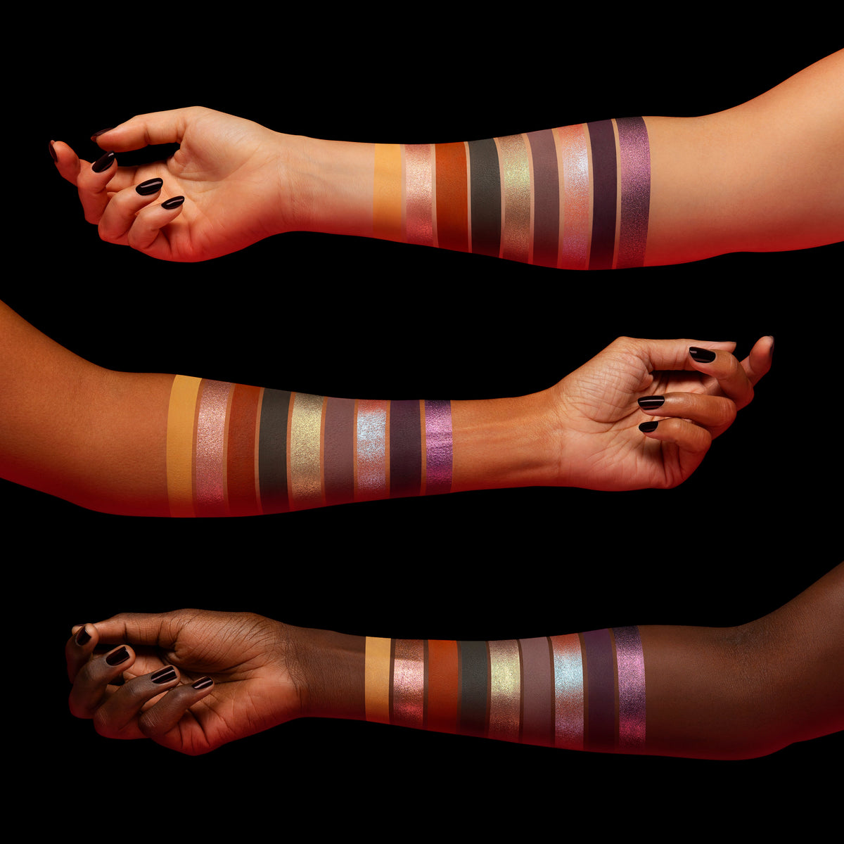 Just a Taste arm swatches on three skin tones, first set