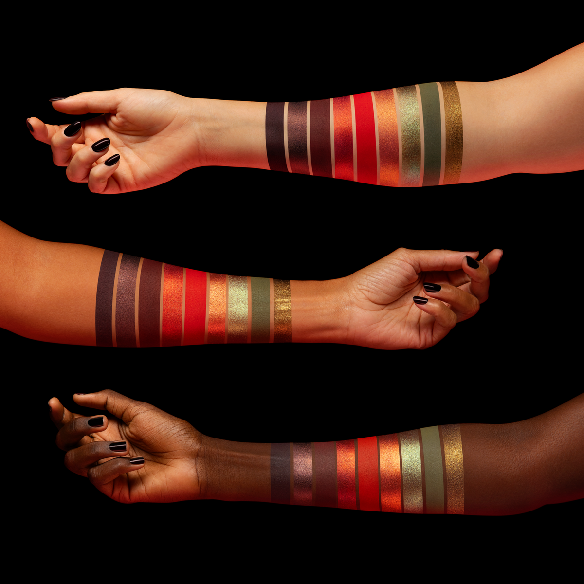 Just a Taste arm swatches on three skin tones, second set