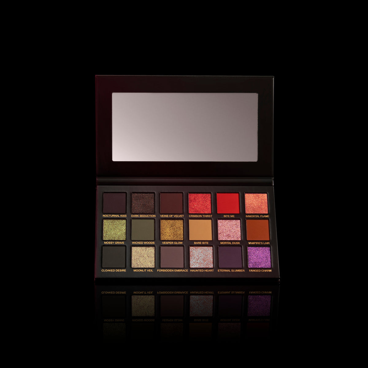 The Just a Taste palette open, mirror and 18 named pans