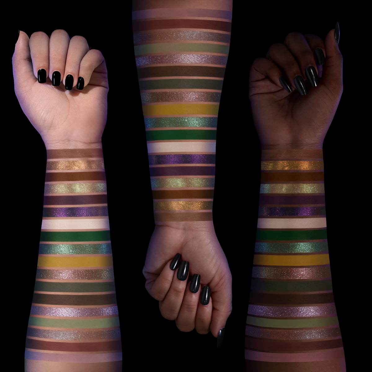 Arm swatches of all 18 Not Normal shades on three skin tones