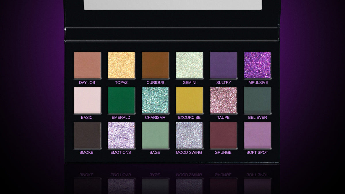 The 18 Not Normal pans with their shade names, close up