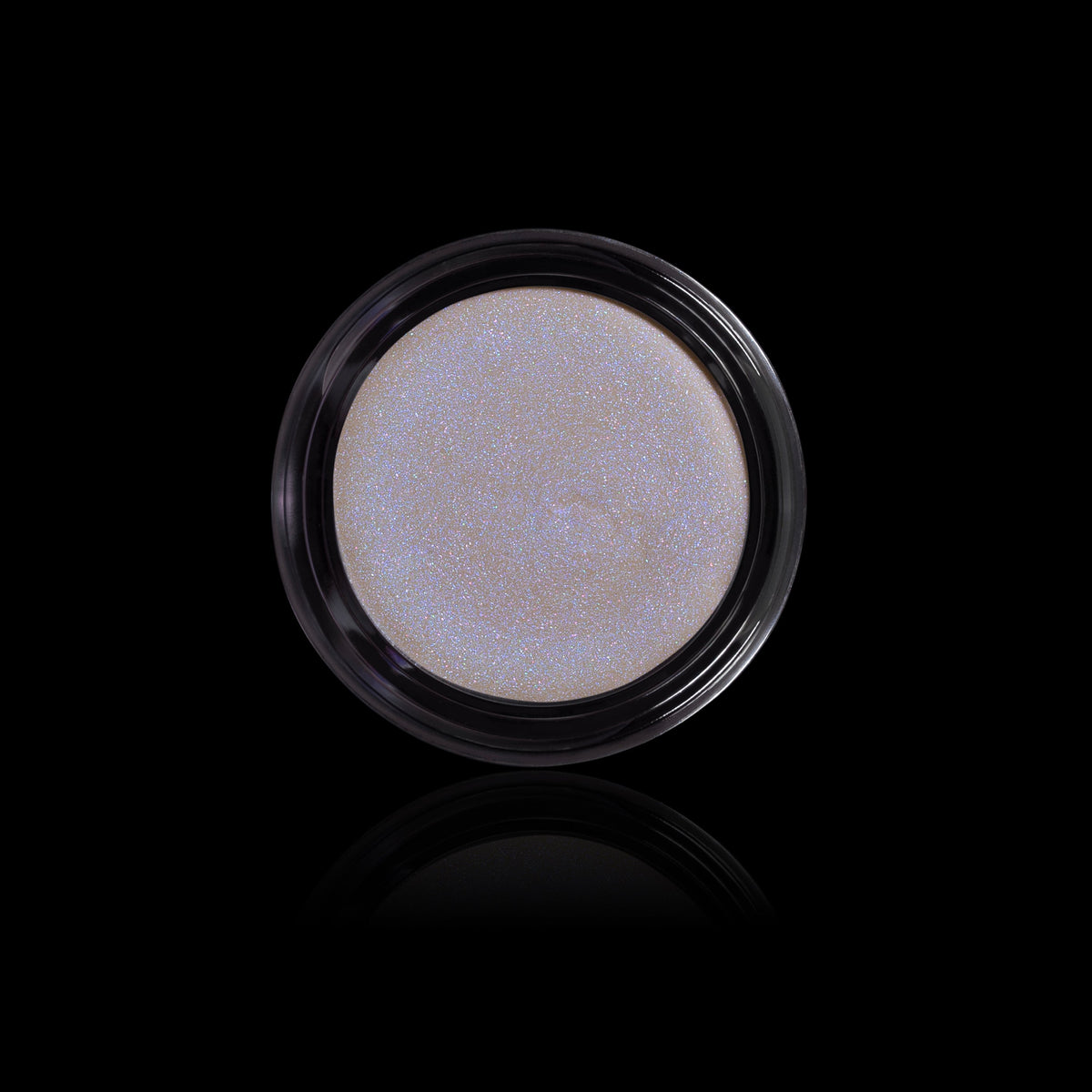 Phantom Ghoulight cream highlighter by Unearthly Cosmetics open from above: pale iridescent lilac cream flecked with blue sparkle in a clear jar